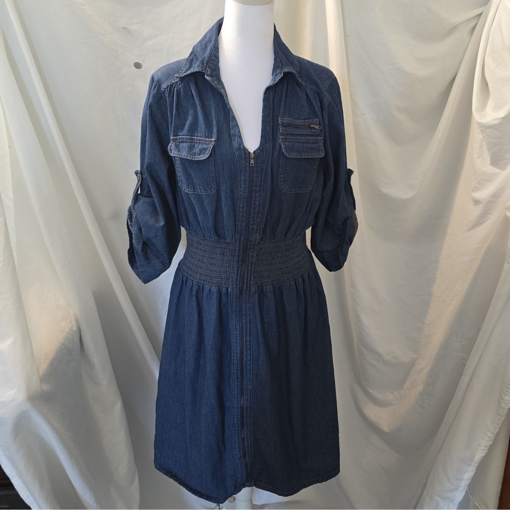 J Gee Women's Sz 1X Denim Utility Shirt Dress Full-zip Smocked Waist Modern